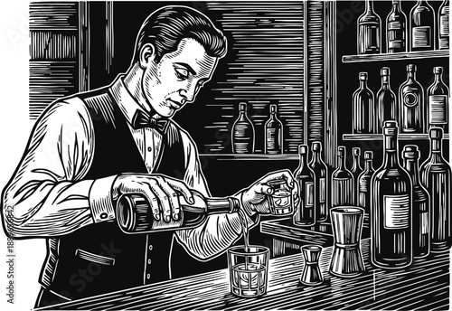 Bartender pouring whiskey into a glass behind bar counter vintage bartender serving drinks with bottles on shelves
