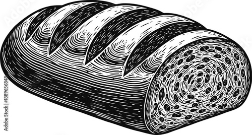Illustration of freshly baked loaf of bread with detailed crust and soft interior texture