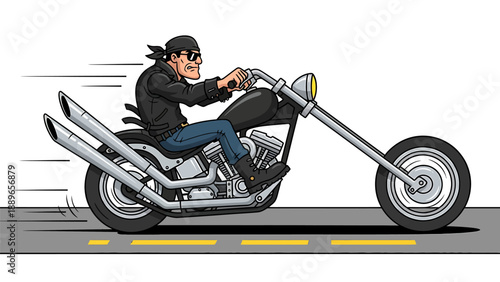 Biker riding motorcycle on road with motion blur wearing leather jacket and sunglasses speeding on highway
