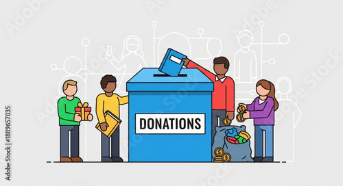 People Donating Items to a Blue Donation Box.