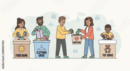 People donating items to charity boxes for food clothing and toys.