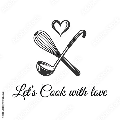Vintage kitchen tools with heart and calligraphy a cooking illustration