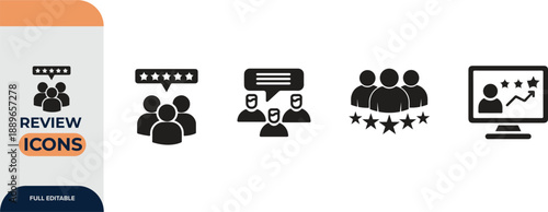 Review icon set. Containing feedback, rating, satisfaction, like icons. Vector illustration.