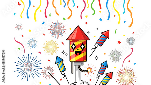 Colorful cartoon firework explodes in festive celebration with confetti and sparks