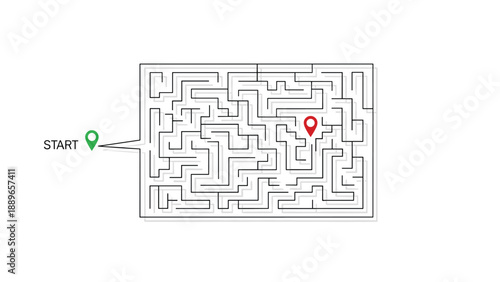 Complex rectangular maze puzzle design with a green start pin and a red destination pin indicating the path to be solved through the labyrinth.