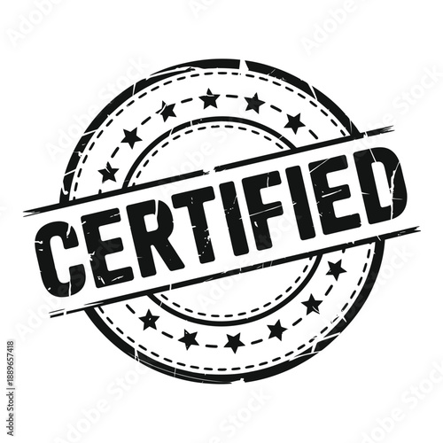 A distressed circular stamp displaying the word certified in bold lettering