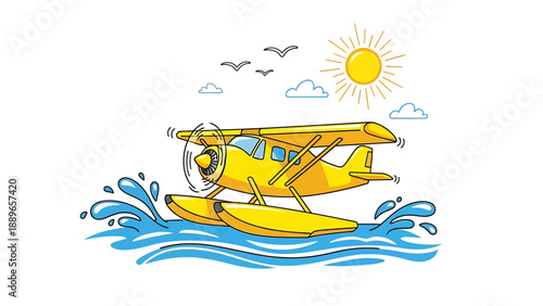 Vibrant yellow seaplane taking off on sunny day with flock of birds flying overhead in blue sky