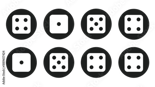 Collection of circular black icons displaying white dice faces representing various numbers such as one, four, and five in a clean graphic style.