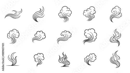Large set of hand-drawn smoke and steam cloud sketches showing various swirling patterns and wind flow effects in a black and white line art style.