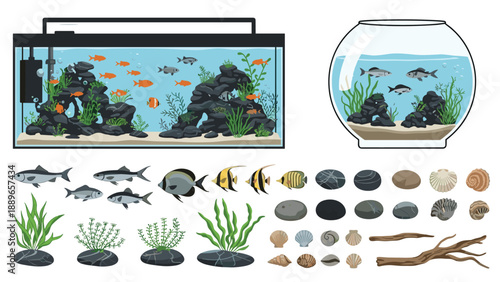 Complete aquarium set featuring a rectangular tank, a fishbowl, various tropical fish species, aquatic plants, shells, rocks, and driftwood decorations.