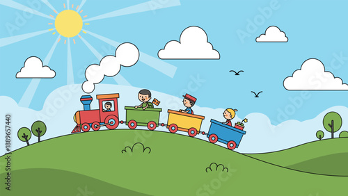 Playful cartoon toy train carrying happy children through a bright green hilly landscape under a smiling sun with white clouds.