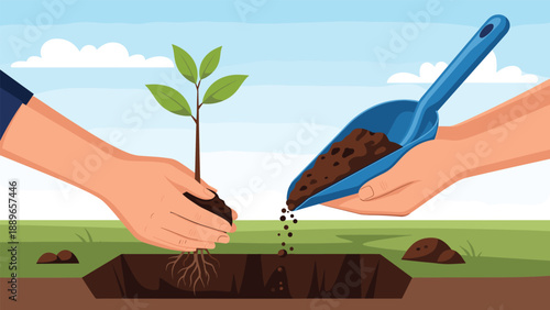 Close up view of hands carefully planting a young tree sapling into a hole in the soil using a blue garden trowel for environmental care.