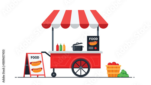 Street food hot dog cart with a red and white striped awning, condiment bottles, a cooking pot, and a menu board displaying delicious snacks.