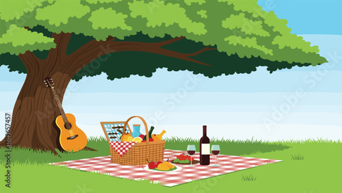 Peaceful outdoor picnic scene under a large shade tree featuring a blanket with a food basket, wine bottle, glasses, and an acoustic guitar.