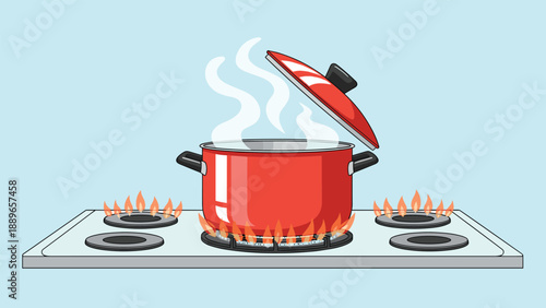 Red cooking pot with a slightly open lid placed on a gas stove with blue flames and white steam rising from the hot contents inside.