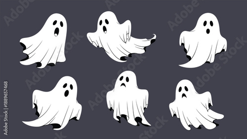 Set of cartoon ghost characters with different spooky expressions and poses suitable for Halloween decorations or horror themed designs.