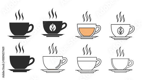 Graphic set of coffee and tea cup icons featuring solid black silhouettes, outline versions, and colored variants with rising steam symbols.