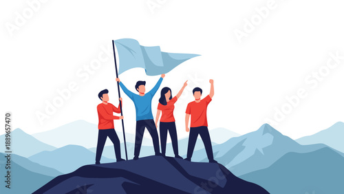 Group of triumphant business professionals standing on a mountain peak holding a white flag to symbolize reaching the summit of success together.