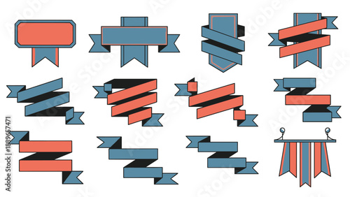 Large set of elegant ribbon banners and decorative pennants in muted blue and coral red colors for titles and graphic design layouts.