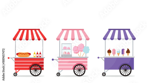 Set of three different food concession carts selling hot dogs, cotton candy, and ice cream treats with striped colorful awnings.