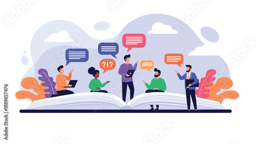 Collaborative team of diverse professionals sitting on a giant open book while discussing ideas with colorful speech bubble icons.