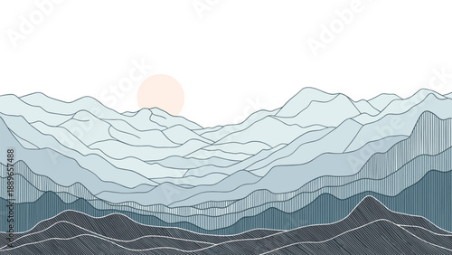 Stylized mountain range landscape featuring a muted color palette with a pale sun setting behind multiple layers of mountain peaks.
