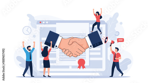 Business team members celebrating a successful partnership agreement represented by a large handshake over a signed contract document.