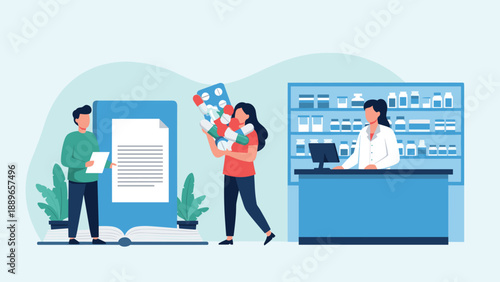 Busy pharmacy interior scene showing a pharmacist at a counter and customers buying medicines and a giant packet of pills.