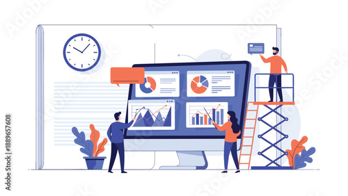 Data analysis professional team working together to review business charts and performance metrics on a large computer screen in a studio.