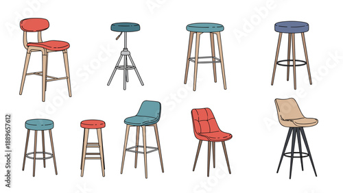 Set of diverse bar stools and high chairs in various colors and styles from vintage wooden designs to modern upholstered furniture.