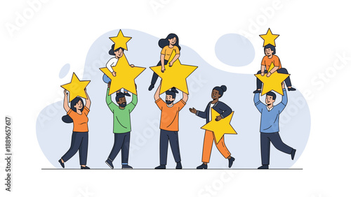 Group of diverse people working together to hold up five large yellow rating stars representing high customer satisfaction and quality.
