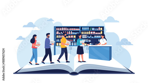 Healthcare professionals working in a pharmacy store setting within an open giant book to symbolize medical knowledge and education.