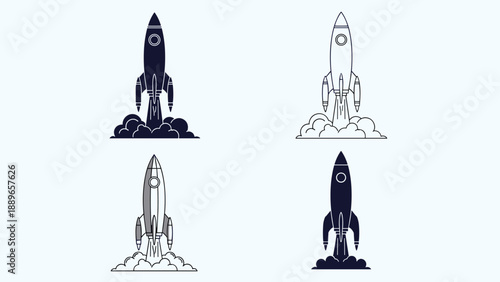 Four various space rocket launch icons in black and white styles depicting powerful engine lift off and exploration into the universe.