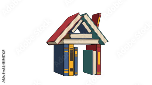 Creative house structure built from a stack of colorful books to represent themes of lifelong learning education and home libraries.