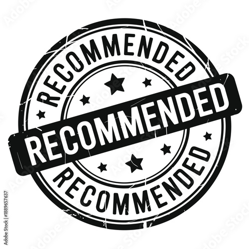 Circular recommended stamp with black text and star accents isolated on white