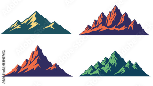 Stylized illustrations of four majestic mountain ranges in various color palettes depicting natural landscapes for travel and hiking apps.
