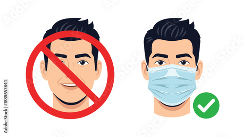 Illustration comparing a man not wearing a mask against a man correctly wearing a medical face mask for public health and safety.