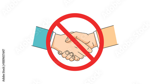 Handshake icon covered by a large red circle with a slash prohibition sign to indicate a ban on physical contact or handshake deals.
