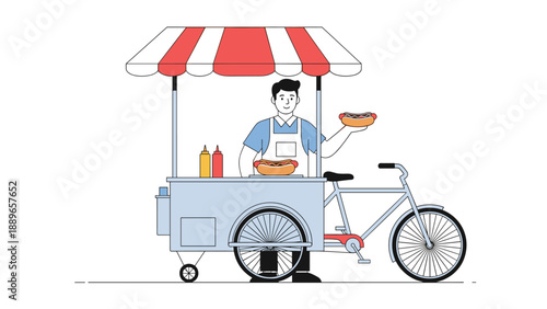 Friendly vendor selling tasty hot dogs from a mobile street food cart attached to a bicycle under a red and white striped umbrella.