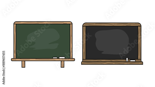 Two traditional school chalkboards with wooden frames one in green and one in black with pieces of white chalk on the tray below.