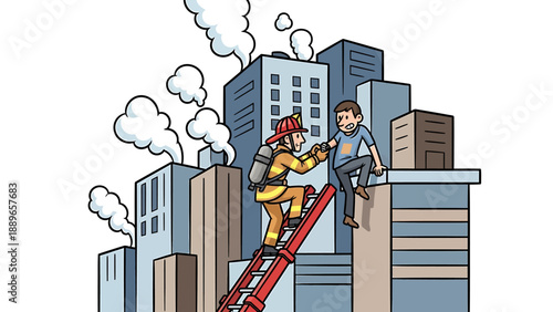 Firefighter rescuing man from burning building with ladder in city downtown area at night