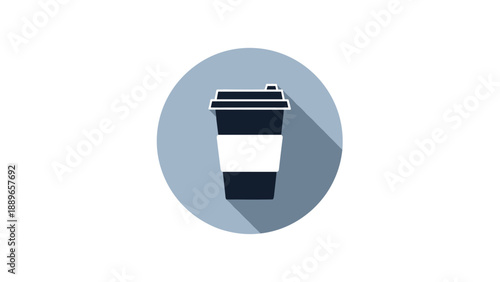 Minimalist coffee cup icon featuring a dark blue takeout cup with white band on a light blue circular background with a subtle drop shadow.