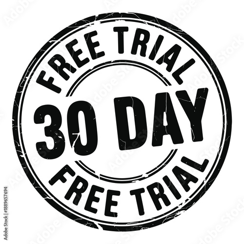 A circular black stamp announces a 30 day free trial offer