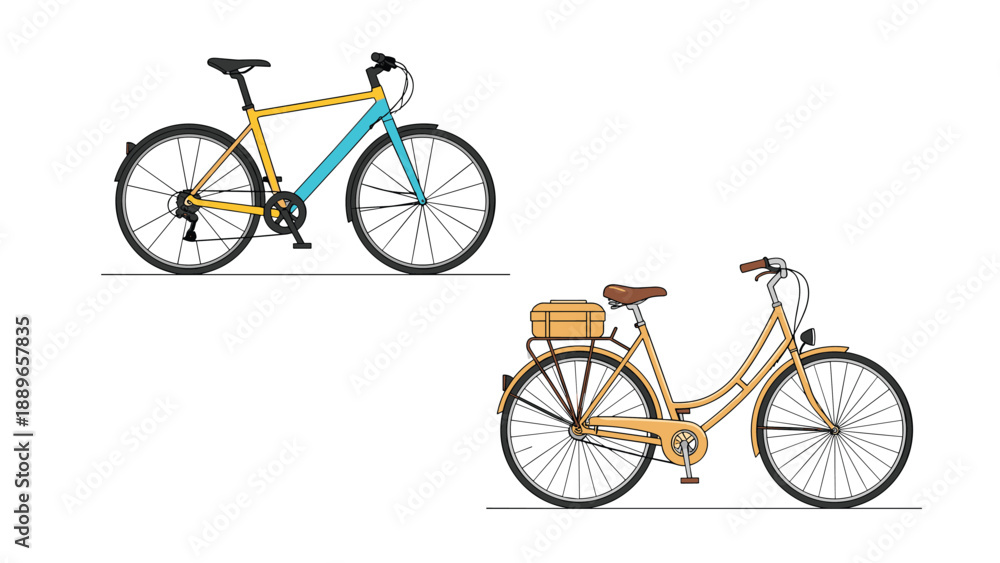 Fototapeta premium Comparison of a modern blue and yellow mountain bike and a classic beige city bicycle with a rear rack and basket.