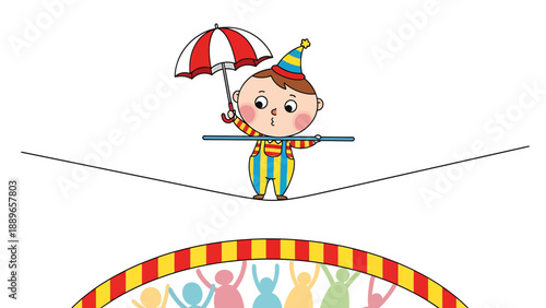 Little clown balancing on tightrope with umbrella above cheering crowd