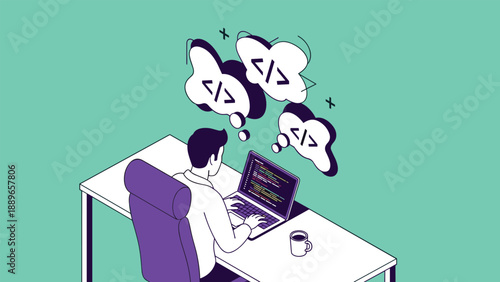 Software developer sitting at a white desk using a laptop with three thought bubbles containing code symbols on a green background.