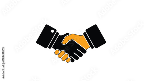 Simple handshake icon featuring two hands clasping in agreement shown in solid black and bright orange on a white background.