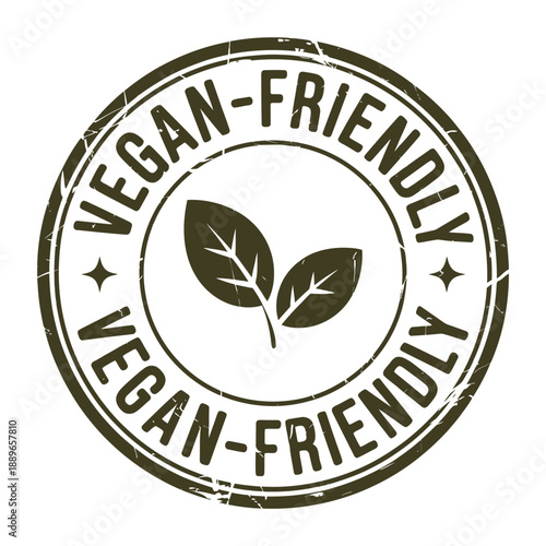 A circular vegan friendly badge featuring a leaf illustration and distressed texture