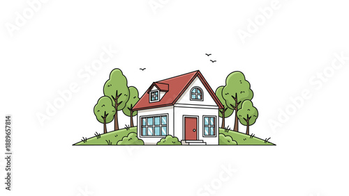 Charming little white house with a red roof and chimney sitting on a grassy green hill surrounded by green trees and birds.
