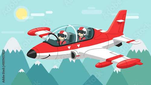 Two cartoon pilots flying red and white airplane over snowy mountains
